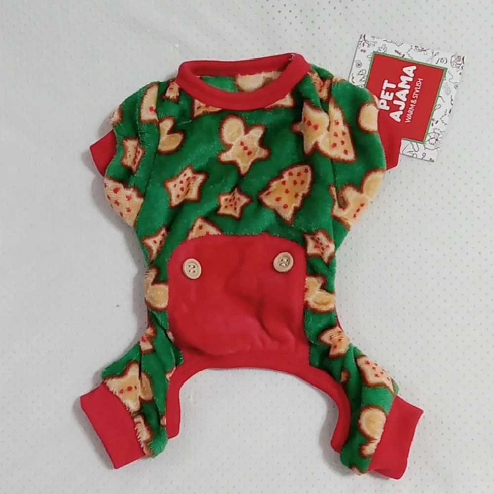Pet Pajamas Christmas Onesie Green Red Gingerbread Man Plush Velour